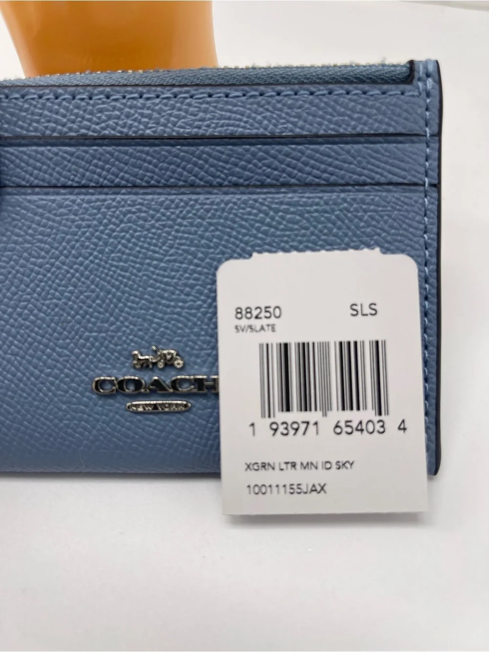 Coach Mini Skinny Crossgrain Leather Id Card Zip Closure Case Silver/Slate NWT